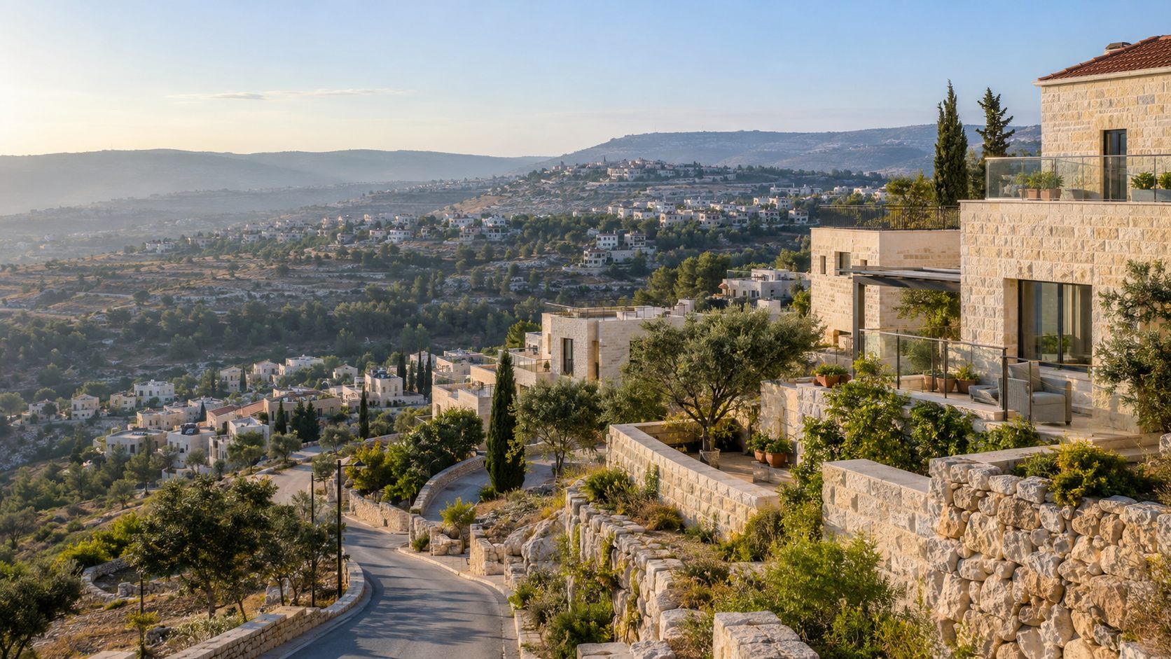 שכונת מגורים מאבן בנוף גבעות